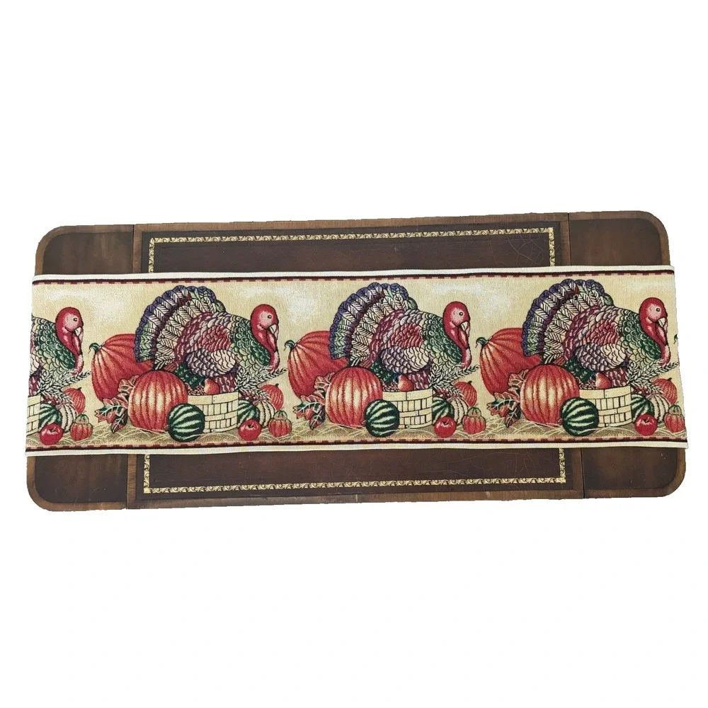 Fall/Harvest/Thanksgiving Woven Tapestry Table Runner 72x13‎ Turkey Pumpkins EUC